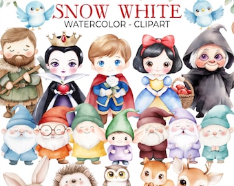 May include: Watercolor clipart featuring characters from Snow White, including Snow White, the Prince, the Evil Queen, dwarfs, and forest animals. The image includes the text "SNOW WHITE WATERCOLOR - CLIPART".