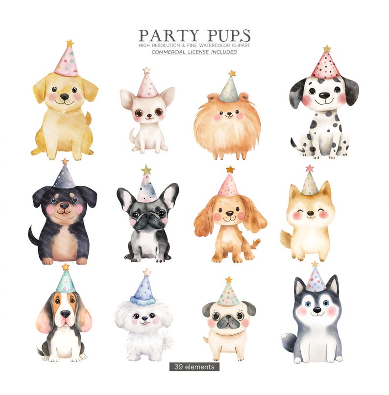 Cute Dogs Clipart Birthday Party Watercolor Pastel Cartoon Puppy Breeds ...