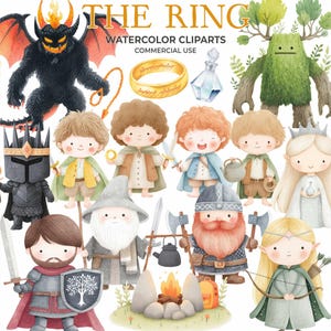 Könnte beinhalten: Aquarell-Cliparts mit Fantasy-Thema. Das Bild zeigt einen goldenen Ring, eine Kristallflasche und verschiedene Charaktere, darunter ein Dämon, eine baumartige Kreatur und mehrere kleine menschenähnliche Charaktere mit Schwertern und Umhängen. Der Text "THE RING" steht oben.