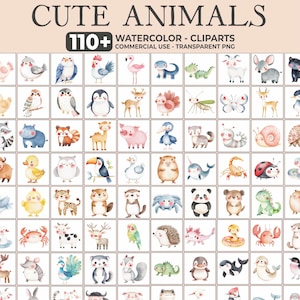 Könnte beinhalten: Ein Raster mit Aquarell-Tier-Cliparts. Das Bild zeigt über 110 Illustrationen verschiedener Tiere, darunter Vögel, Säugetiere und Reptilien. Der Text oben lautet "CUTE ANIMALS" und darunter "WATERCOLOR - CLIPARTS COMMERCIAL USE - TRANSPARENT PNG".