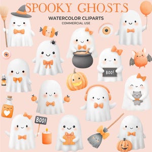 Cute Ghosts Clipart Halloween Party Whimsical Coquette Watercolor Girly Ghosts Pastel Bows Commercial Use Cute Gothic Sublimation PNG