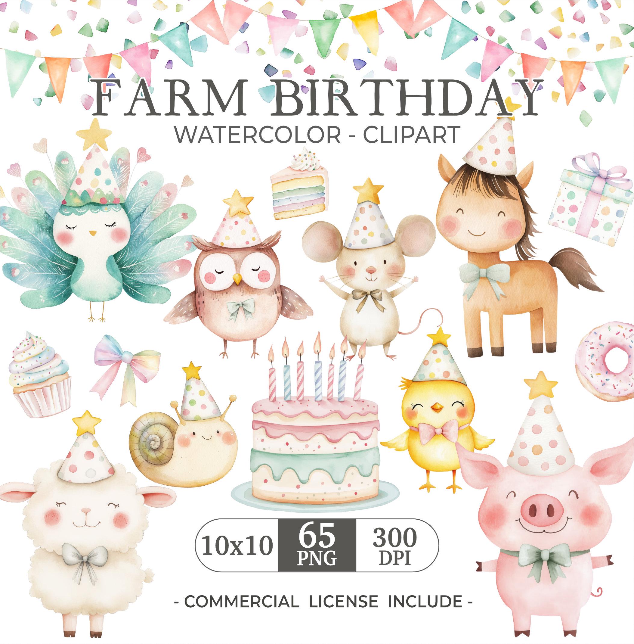 Cute Farm Birthday Clipart, Watercolor Clipart for Commercial Use, Farm ...
