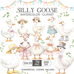 Silly Goose Clipart Vintage Spring Cottagecore Cute Whimsical Watercolor PNG Commercial Use Birthday Party Baby Shower Wildflowers Balloons