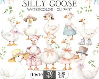 Silly Goose Clipart Vintage Spring Cottagecore Cute Whimsical Watercolor PNG Commercial Use Birthday Party Baby Shower Wildflowers Balloons