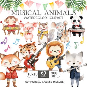 Cute Musical Animals Clipart, Woodland animals, Musical Safari, Band Player Clipart, forest animals, Music Notes Png, Birthday,Nursery Decor