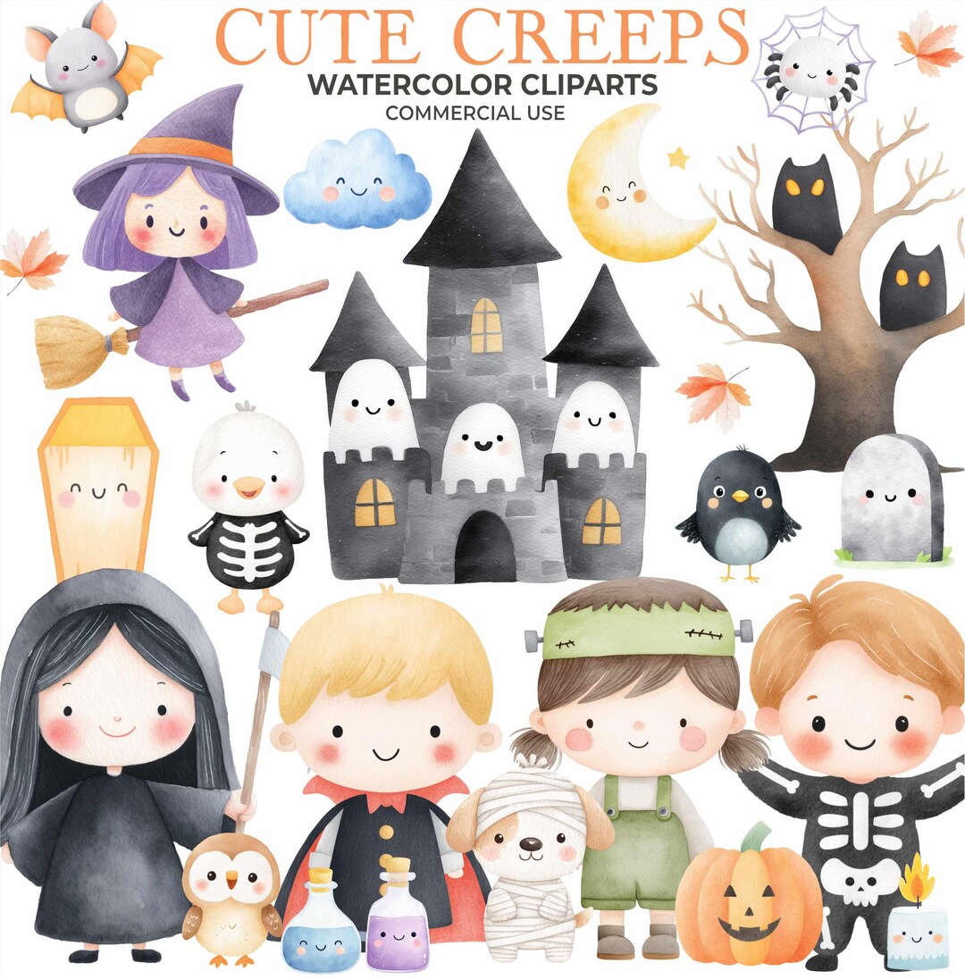 Cute Halloween Clipart - Watercolor - Kawaii Png - Ghost - Frankenstein ...