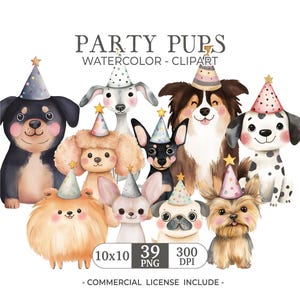 Cute Dogs Clipart Birthday Party Watercolor Pastel Cartoon Puppy Breeds Bundle PNG Sublimation Birthday Invitations Commercial Use Clipart