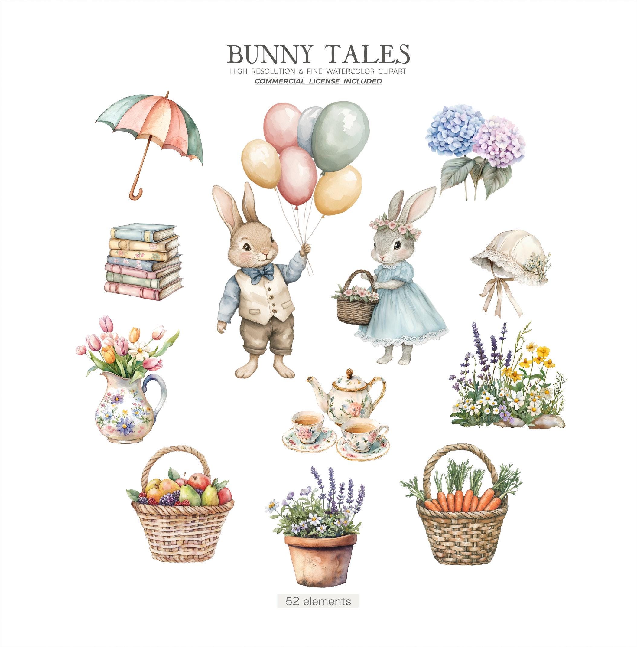 Spring Bunny Watercolor Clipart Cute Vintage Easter Rabbit, Pastel ...