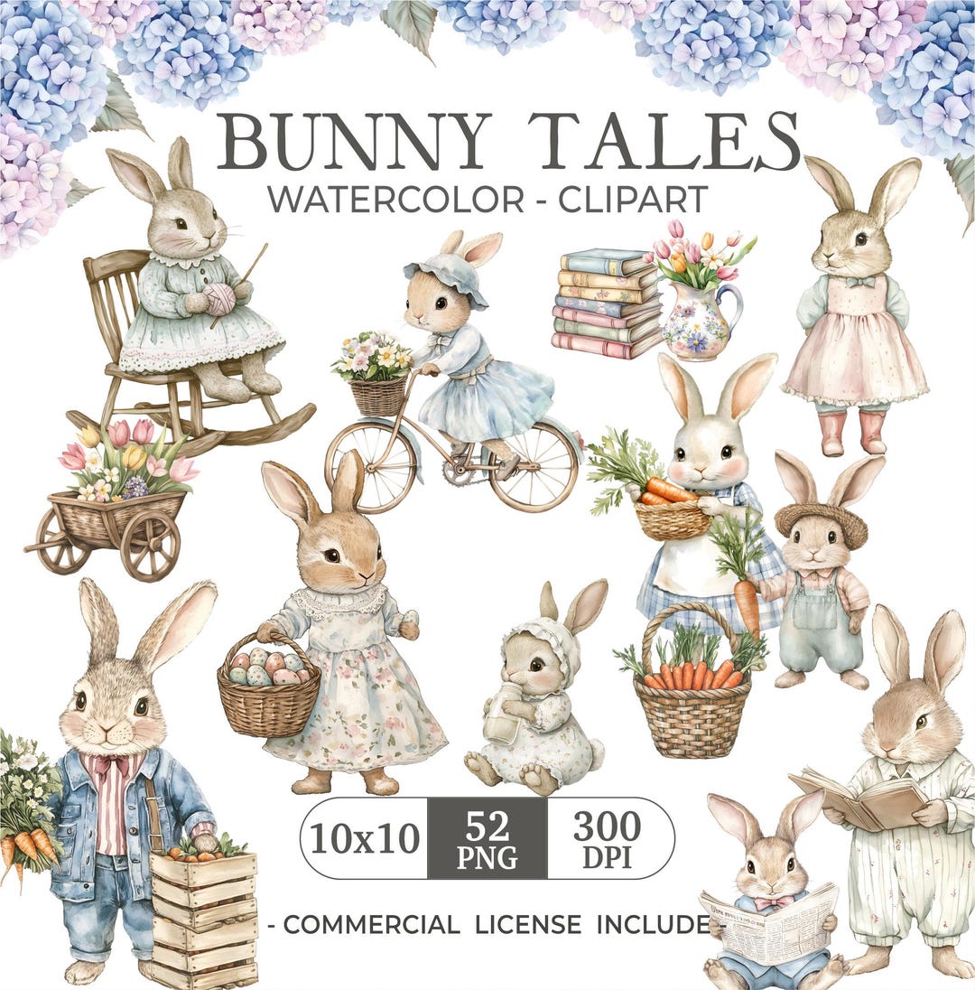 Spring Bunny Watercolor Clipart Cute Vintage Easter Rabbit, Pastel ...