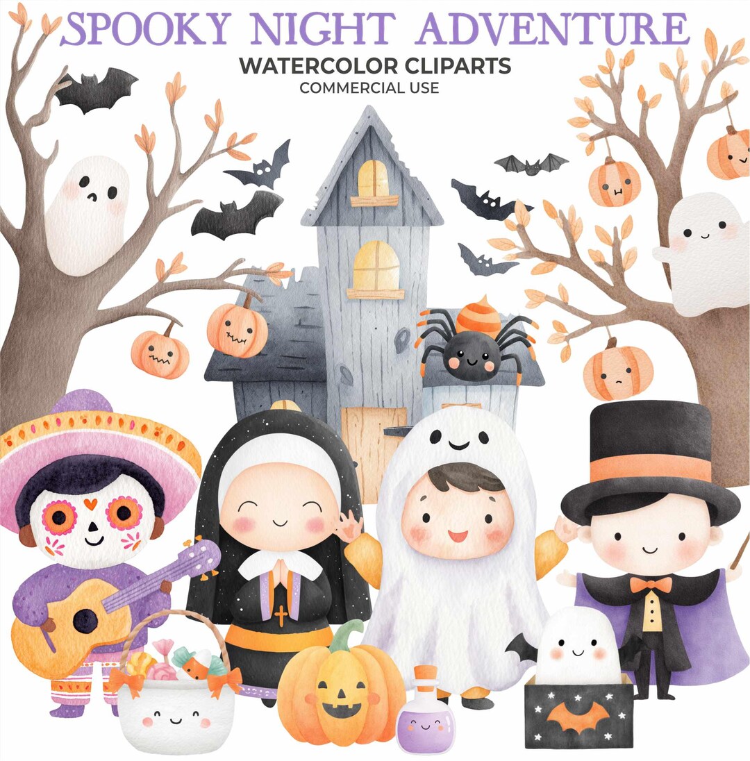 Cute Halloween Clipart - Watercolor - Kawaii Png - Ghost - Frankenstein ...