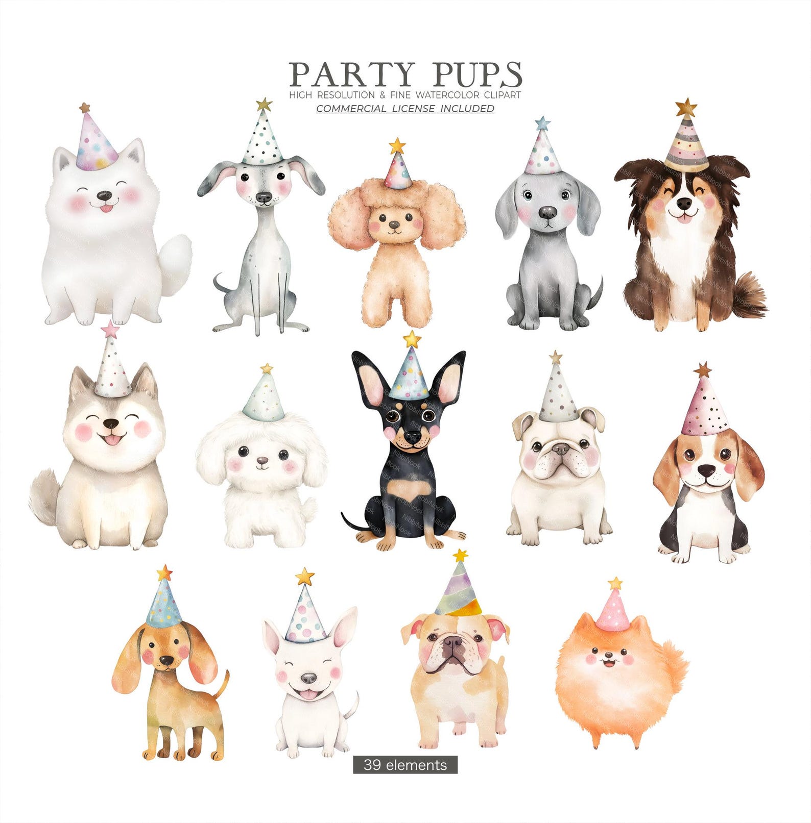 Cute Dogs Clipart Birthday Party Watercolor Pastel Cartoon Puppy Breeds ...