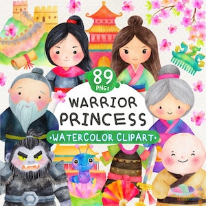 Könnte beinhalten: Aquarell-Clipart-Set mit Cartoon-Illustrationen von Kriegerprinzessinnen, einem weisen Ältesten und anderen asiatisch thematisierten Charakteren. Der Text "Warrior Princess" und "Watercolor Clipart" sind enthalten.