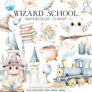 Könnte beinhalten: Aquarell-Clipart-Set mit dem Thema Zauberschule. Enthält eine Katze mit Hexenhut, ein Schloss, eine Eule, einen Zug, Bücher, eine Zaubertrankflasche, eine Karte und andere magische Elemente. Der Text "WIZARD SCHOOL WATERCOLOR - CLIPART" ist sichtbar.