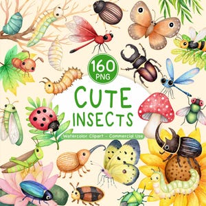Könnte beinhalten: Aquarell-Illustration mit niedlichen Insekten, darunter Schmetterlinge, Käfer und Raupen. Der Text "Cute Insects" und "160 PNG" ist enthalten.