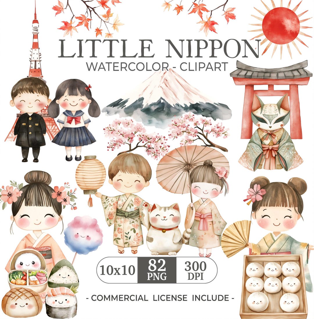 Cute Japan Clipart Japanese Watercolor Kids Kokeshi Doll Food Cranes