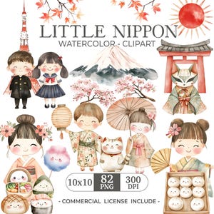 Könnte beinhalten: Aquarell-Clipart-Set mit japanischen kulturellen Elementen. Das Set enthält eine rote Sonne, ein rotes Torii-Tor, eine weiße Katze, einen Berg, einen Kirschblütenbaum, eine Laterne, einen Schirm und fünf Mädchen in traditioneller japanischer Kleidung. Der Text "LITTLE NIPPON" und "WATERCOLOR - CLIPART" ist im Bild enthalten.