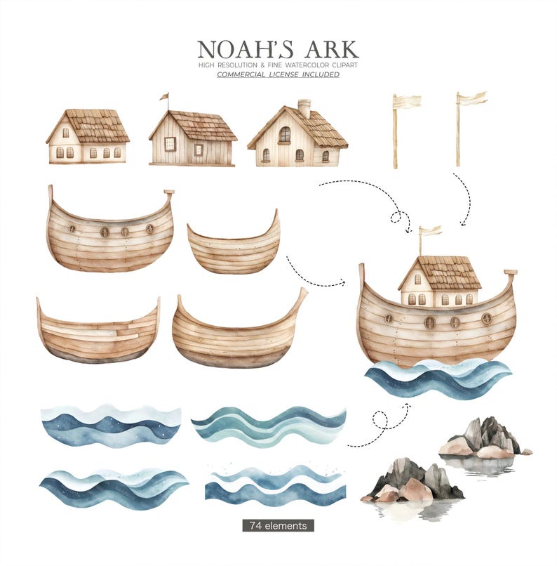 Cute Noah's Ark Watercolor Clip Art, Nursery Decor, Neutral Clip Art ...