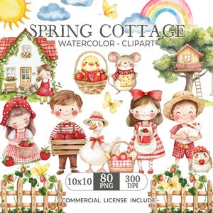 Könnte beinhalten: Aquarell-Clipart-Set mit einem Häuschen, Kindern, Tieren und Frühlingsmotiven. Das Set enthält ein rotes Häuschen, ein Mädchen mit einer roten Kapuze, einen Jungen mit einem rot-weiß gestreiften Hemd, eine Gans, eine Maus, ein Küken, einen Korb mit Erdbeeren, ein Glas Marmelade, ein Baumhaus, einen Zaun und einen Regenbogen. Das Set ist perfekt zum Erstellen von Frühlingsbastelarbeiten, Karten und Einladungen.