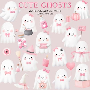Könnte beinhalten: Aquarell-Cliparts mit niedlichen weißen Geistern mit rosa Schleifen, die Halloween-Artikel wie Kürbisse und Zaubertränke halten. Der Text "CUTE GHOSTS" und "WATERCOLOR CLIPARTS" ist in Rosa dargestellt.