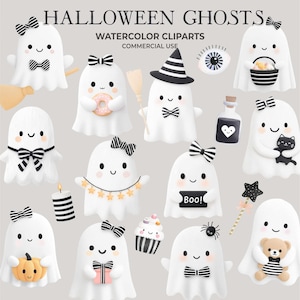 Könnte beinhalten: Eine Sammlung von Aquarell-Cliparts mit entzückenden weißen Geistern mit verschiedenen Accessoires. Einige Geister halten einen Kürbis, einen Cupcake, eine schwarze Katze und einen Teddybären. Der Text "Halloween Ghosts" steht oben.