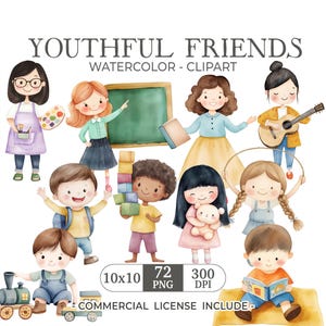 Cute Kindergarten Watercolor Clipart Set - Activities Clipart for Teachers, Youthful School Art, Friends Group Clipart, Commercial License