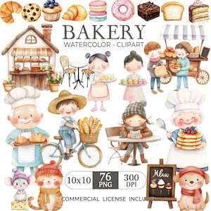 Cute Watercolor Baking Clipart, bakery clipart, Home Activies, baling clipart, Baker, Cake, Baguette, Croissants, Apron,Nursery, Little Chef
