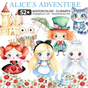 Könnte beinhalten: Aquarell-Cliparts mit Charakteren aus Alice im Wunderland. Enthält Alice, den Hutmacher, die Herzkönigin, ein weißes Kaninchen, eine Grinsekatze und eine Raupe, mit dem Text "Alice's Adventure".