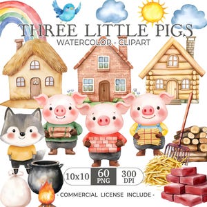 Three Little Pigs Clipart Watercolor clipart, 3 Little pigs, Nursery Decor, cute Three little Pigs, Kid art, big bad wolf, cute pigs clipart