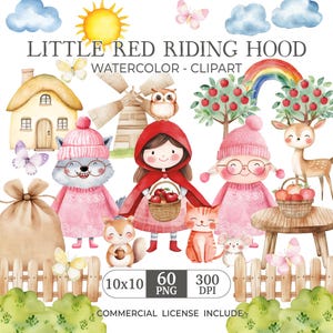Könnte beinhalten: Aquarell-Clipart-Set mit Rotkäppchen, einem Wolf, einem Reh, einem Eichhörnchen, einer Katze, einer Maus, einem Haus, einer Windmühle, einem Apfelbaum, einem Korb mit Äpfeln, einem Regenbogen, Wolken, Schmetterlingen und einem Lattenzaun. Das Set ist 10 Zoll mal 10 Zoll groß und hat 300 DPI.