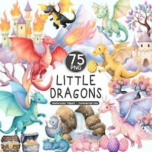 May include: A watercolour illustration of various dragons, castles, and treasure chests. The image includes the text "Little Dragons" and "75 PNG". The dragons are in shades of red, blue, green, and yellow, with a waterfall and mountains in the background.
