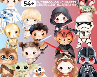 Puede incluir: Conjunto de imágenes prediseñadas de acuarela con varios personajes de la franquicia Space Wars. La imagen incluye personajes como Darth Vader, Yoda y Boba Fett, todos representados en un estilo lindo y de dibujos animados. El texto "SPACE WARS" está en la parte superior.