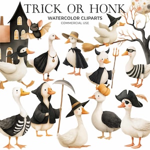 Könnte beinhalten: Aquarell-Clipart-Illustration mit Gänsen in Halloween-Kostümen. Die Gänse tragen Hexenhüte, Umhänge und Piratenkostüme. Das Bild enthält eine Fledermaus, ein Spukhaus und den Text "TRICK OR HONK WATERCOLOR CLIPARTS COMMERCIAL USE."