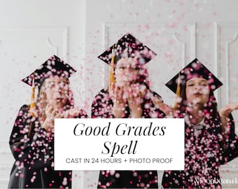 Könnte beinhalten: Drei Personen in Abschlusskleidung werden mit rosa Konfetti überschüttet. Sie tragen schwarze Abschlusskleider und Mortarboards mit goldenen Quasten. Ein weißes Rechteck zeigt den Text "Good Grades Spell".