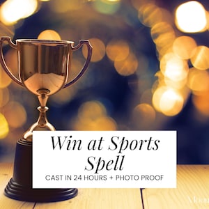 Puede incluir: Un trofeo dorado con una base negra se encuentra sobre una superficie de madera. El trofeo tiene dos asas y un cuenco ancho. El texto en un rectángulo blanco dice "Win at Sports Spell" y "CAST IN 24 HOURS + PHOTO PROOF".
