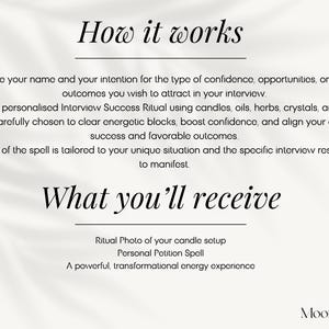 May include: Cream-colored graphic with the text "How it works" and "What you'll receive." The text describes a personalized interview success ritual using candles, oils, herbs, and crystals. It also mentions a ritual photo and a personal petition spell.