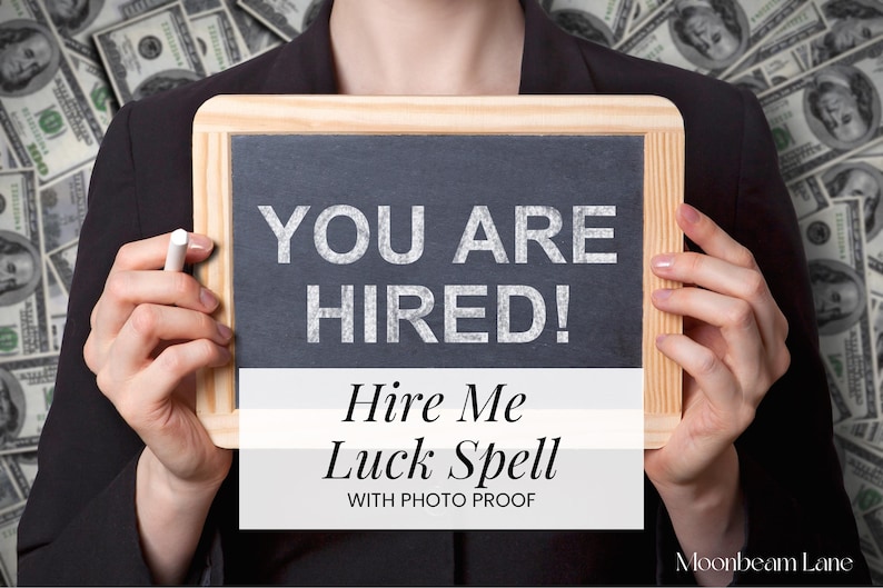 Person holding you are hired sign after hire me luck spell ritual performed by Moonbeam Lane witch Lysandra Etsy Australia