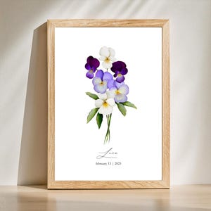 Personalized Birth Month Flower Print with Name and Date Watercolor Floral Nursery Art Custom Baby Gift Printable Wall Art Digital Download