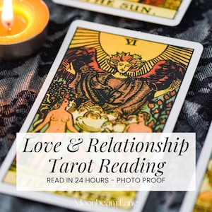 May include: A tarot card featuring an angel hovering over two figures, with the text Love & Relationship Tarot Reading READ IN 24 HOURS - PHOTO PROOF overlaid. A lit orange tea light candle and a stack of cards are visible nearby.