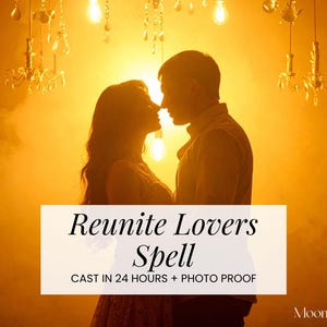 May include: Silhouette of a couple embracing, bathed in warm, golden light. The image features the text "Reunite Lovers Spell" with additional text below. Decorative chandeliers and light bulbs hang from the ceiling, adding to the romantic ambiance.