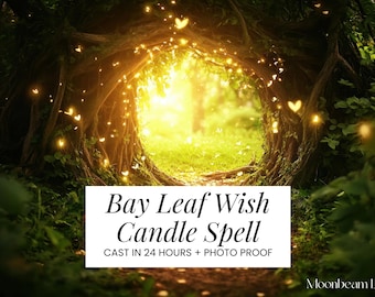 Könnte beinhalten: Eine mystische Waldszene mit einem leuchtenden Lichtportal. Das Bild zeigt einen Text-Overlay mit der Aufschrift "Bay Leaf Wish Candle Spell" mit zusätzlichem Text. Die Szene ist mit warmem, goldenem Licht und herzförmigen Glitzer übersät.