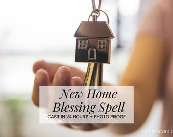 May include: A silver house-shaped key with a key ring is held up. The key has a house design with windows and a door. The text "New Home Blessing Spell" is displayed on the image.