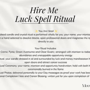 Hire me luck spell deliverables ritual photos personal completion note career blessing Moonbeam Lane Etsy witch Lysandra Australia