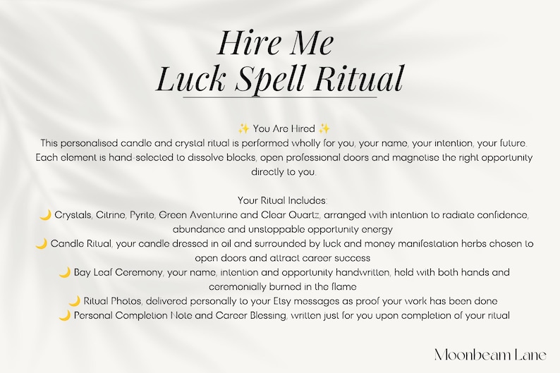 Hire me luck spell deliverables ritual photos personal completion note career blessing Moonbeam Lane Etsy witch Lysandra Australia