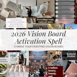 以下が含まれることがあります： 「2026 Vision Board Activation Spell」のテキストが入ったビジョンボードのコラージュ。コラージュには、本、ラップトップ、その他のインスピレーションを与える画像が含まれています。テキストには「Nothing is out of my league」と「Money loves me」が含まれています。