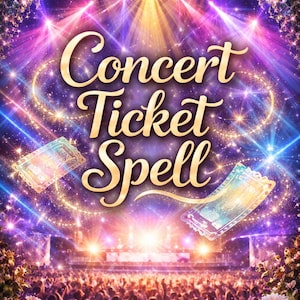May include: A vibrant concert poster with the words "Concert Ticket Spell" in gold script. The image features a crowd, stage lights, and two glowing tickets. The background is a mix of purple, blue, and gold.