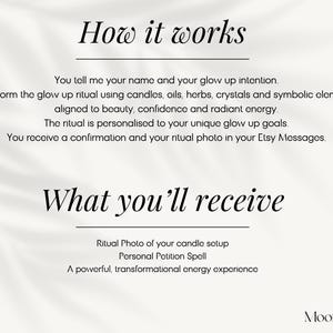 May include: Cream-colored graphic with text detailing a glow-up ritual. The text includes "How it works" and "What you'll receive", describing the process and what is provided. The Moonbeam Lane logo is at the bottom.