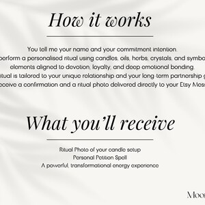 May include: A cream-coloured graphic with text detailing a personalised ritual service. The text includes "How it works" and "What you'll receive", describing the process and deliverables, such as a ritual photo and a personal petition spell.
