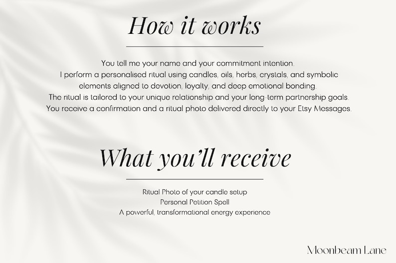 May include: A cream-coloured graphic with text detailing a personalised ritual service. The text includes "How it works" and "What you'll receive", describing the process and deliverables, such as a ritual photo and a personal petition spell.