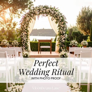 May include: An outdoor wedding ceremony setup featuring a large floral arch with white roses and greenery, a wooden table with a chair, and rows of white folding chairs on a lawn. Text reads: Perfect Wedding Ritual WITH PHOTO PROOF Moonbeam Lane.
