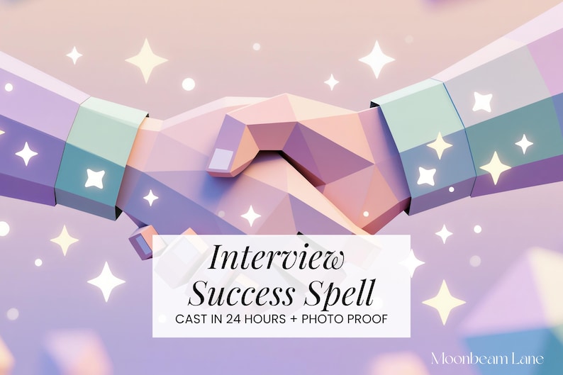 May include: A digital illustration of two hands shaking, rendered in pastel colors with a geometric design. The image includes text that reads "Interview Success Spell" and "CAST IN 24 HOURS + PHOTO PROOF."